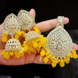 Nelly Yellow Kundan Jhumki Tikka Set - ECLAT INDIAN JEWELSTikka SetsYellow