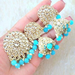 Nichola Light Blue Kundan Jhumka Tikka Set - ECLAT INDIAN JEWELSTikka SetsBlue