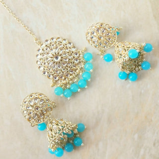 Nichola Light Blue Kundan Jhumka Tikka Set - ECLAT INDIAN JEWELSTikka SetsBlue