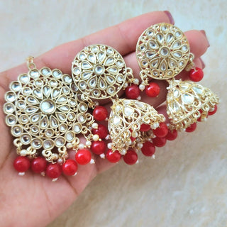 Nichola Red Kundan Jhumka Tikka Set - ECLAT INDIAN JEWELSTikka SetsRed