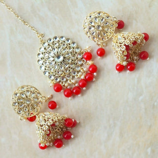 Nichola Red Kundan Jhumka Tikka Set - ECLAT INDIAN JEWELSTikka SetsRed