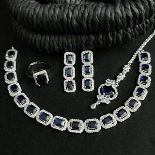 Nicole Blue CZ Diamond Simulant Necklace Set with Tikka & Ring - ECLAT INDIAN JEWELSNecklace SetsBlue