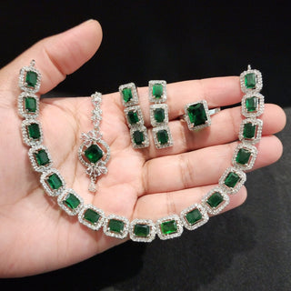 Nicole Green CZ Diamond Simulant Necklace Set with Tikka & Ring - ECLAT INDIAN JEWELSNecklace SetsGreen