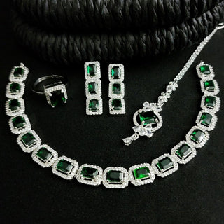 Nicole Green CZ Diamond Simulant Necklace Set with Tikka & Ring - ECLAT INDIAN JEWELSNecklace SetsGreen