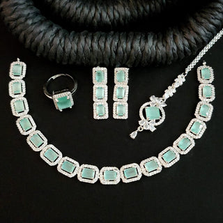 Nicole Mint Green CZ Diamond Simulant Necklace Set with Tikka & Ring - ECLAT INDIAN JEWELSNecklace SetsGreen