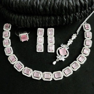 Nicole Pink CZ Diamond Simulant Necklace Set with Tikka & Ring - ECLAT INDIAN JEWELSNecklace SetsPink