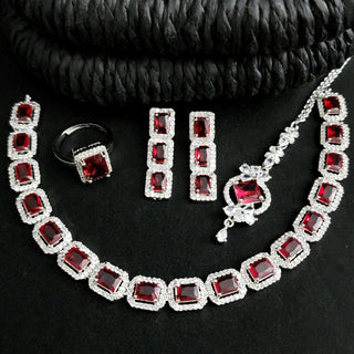 Nicole Red CZ Diamond Simulant Necklace Set with Tikka & Ring - ECLAT INDIAN JEWELSNecklace SetsRed