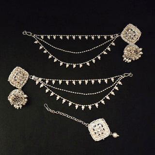 Nicole White Baahubali Jhumki Tikka Set (with Detachable Chains) - ECLAT INDIAN JEWELSTikka SetsWhite