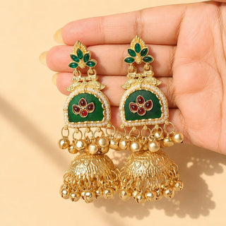 Noelle Green Kashmiri Jhumka Gold Finish Earrings - ECLAT INDIAN JEWELSKashmiri EarringsGreen