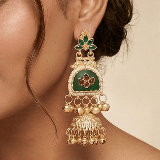 Noelle Green Kashmiri Jhumka Gold Finish Earrings - ECLAT INDIAN JEWELSKashmiri EarringsGreen