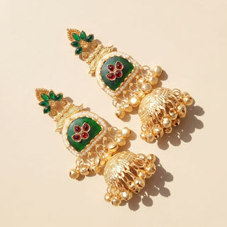 Noelle Green Kashmiri Jhumka Gold Finish Earrings - ECLAT INDIAN JEWELSKashmiri EarringsGreen