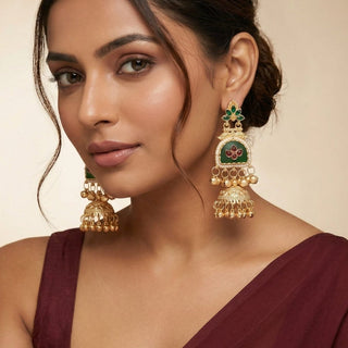 Noelle Green Kashmiri Jhumka Gold Finish Earrings - ECLAT INDIAN JEWELSKashmiri EarringsGreen