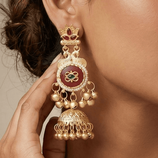 Noelle Red Kashmiri Jhumka Gold Finish Earrings - ECLAT INDIAN JEWELSKashmiri EarringsRed