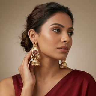 Noelle Red Kashmiri Jhumka Gold Finish Earrings - ECLAT INDIAN JEWELSKashmiri EarringsRed