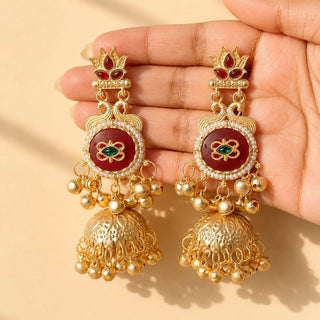 Noelle Red Kashmiri Jhumka Gold Finish Earrings - ECLAT INDIAN JEWELSKashmiri EarringsRed