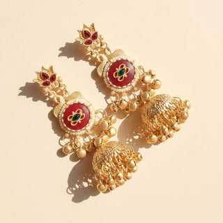 Noelle Red Kashmiri Jhumka Gold Finish Earrings - ECLAT INDIAN JEWELSKashmiri EarringsRed