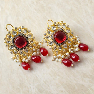 Nyla Red Kundan 20k Gold Plated Earrings - ECLAT INDIAN JEWELSEarringsRed