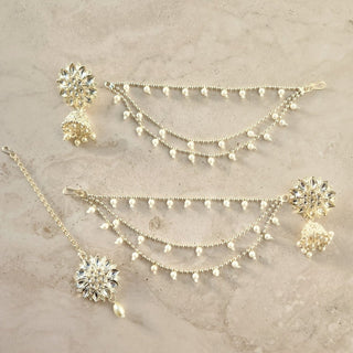 Nyla White Baahubali Jhumki Tikka Set (with Detachable Chains) - ECLAT INDIAN JEWELSTikka SetsWhite