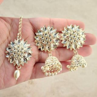 Nyla White Baahubali Jhumki Tikka Set (with Detachable Chains) - ECLAT INDIAN JEWELSTikka SetsWhite