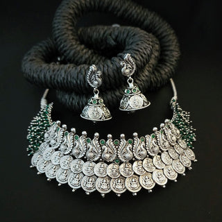 Octavia Oxidised Green Antique Silver Necklace Set with Jhumkis - ECLAT INDIAN JEWELSNecklace SetsGreen