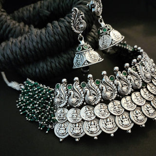 Octavia Oxidised Green Antique Silver Necklace Set with Jhumkis - ECLAT INDIAN JEWELSNecklace SetsGreen