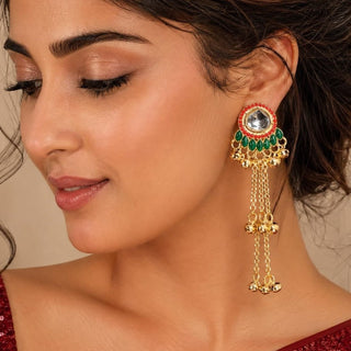 Olive Multicolour Kundan Kashmiri Gold Finish Earrings - ECLAT INDIAN JEWELSKashmiri EarringsMulticolor