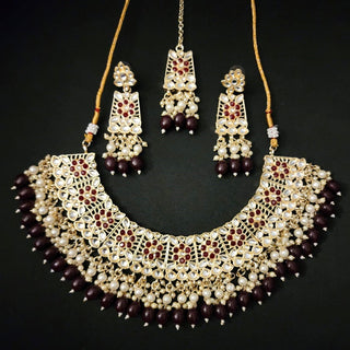 Olivia Dark Red Kundan Necklace Set with Tikka - ECLAT INDIAN JEWELSNecklace SetsRed