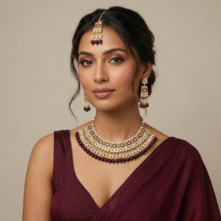 Olivia Dark Red Kundan Necklace Set with Tikka - ECLAT INDIAN JEWELSNecklace SetsRed