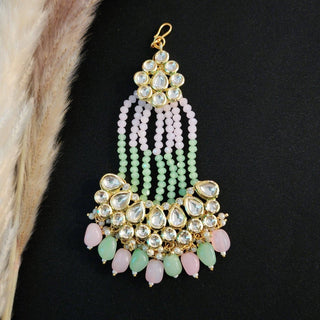 Olivia Pastel Green and Pastel pink Kundan Passa - ECLAT INDIAN JEWELSPassa (Jhoomer)Green