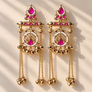 Ottilie rani pink Kashmiri chandelier earrings with ghungroo chains on beige background