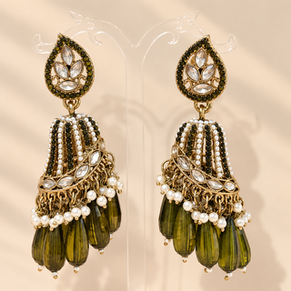 Ottoline mehndi olive green polki jhumka earrings gold finish with white pearl detailing and green bead drops on display