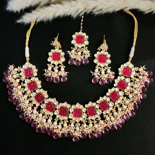 Margaret Uncut Paachi Kundan Pink Necklace Set with Tikka - ECLAT INDIAN JEWELS