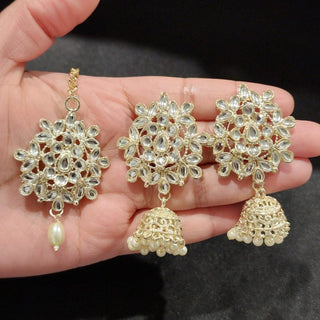 Paige White Baahubali Jhumki Tikka Set (with Detachable Chains) - ECLAT INDIAN JEWELSTikka SetsWhite