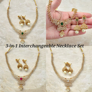 Paloma 3 - in - 1 Interchangeable Stones Peacock 20k Gold Plated Diamond Simulant Necklace Set - ECLAT INDIAN JEWELSNecklace SetsGold