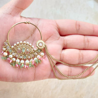 Paloma Mint Pink Polki Gold Nath (no piercing needed) - ECLAT INDIAN JEWELSNose Ring (Nath)Multicolour