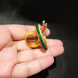 Parul Kemp Green Multicolour Peacock Ring - ECLAT INDIAN JEWELSRingsGreen