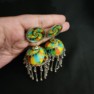 Pennie Multicolour Abstract Pattern German Silver Jhumki Earrings - ECLAT INDIAN JEWELSEarringsMulticolour