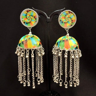 Pennie Multicolour Abstract Pattern German Silver Jhumki Earrings - ECLAT INDIAN JEWELSEarringsMulticolour