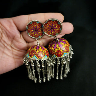 Pennie Multicolour Pattern German Silver Jhumki Earrings - ECLAT INDIAN JEWELSEarringsMulticolour