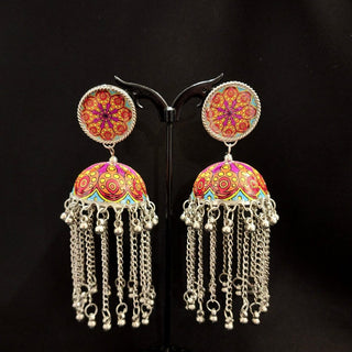 Pennie Multicolour Pattern German Silver Jhumki Earrings - ECLAT INDIAN JEWELSEarringsMulticolour