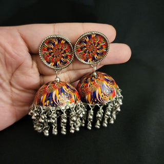 Penny Multicolour Pattern German Silver Jhumki Earrings - ECLAT INDIAN JEWELSEarringsMulticolour