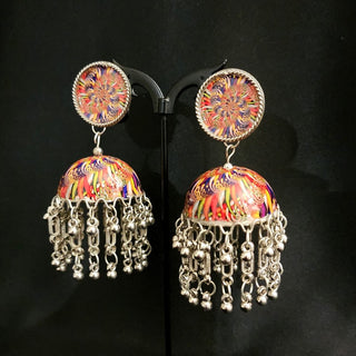 Penny Multicolour Pattern German Silver Jhumki Earrings - ECLAT INDIAN JEWELSEarringsMulticolour