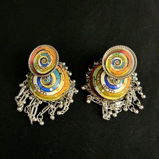 Penny Multicolour Swirl Pattern German Silver Jhumki Earrings - ECLAT INDIAN JEWELSEarringsMulticolour