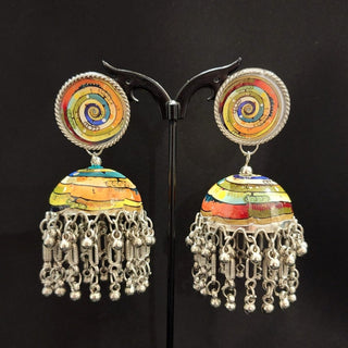 Penny Multicolour Swirl Pattern German Silver Jhumki Earrings - ECLAT INDIAN JEWELSEarringsMulticolour