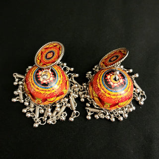 Penny Orange Abstract Pattern German Silver Jhumki Earrings - ECLAT INDIAN JEWELSEarringsMulticolour