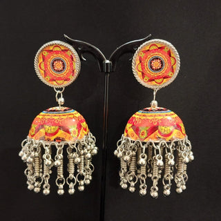 Penny Orange Abstract Pattern German Silver Jhumki Earrings - ECLAT INDIAN JEWELSEarringsMulticolour