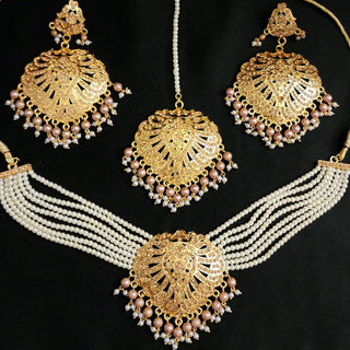 Perrie White Gold Choker Necklace Set with Maang Tikka & Passa - ECLAT INDIAN JEWELSNecklace SetsWhite