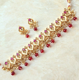 Phoebe Red Polki 22k Gold Plated Necklace Set - ECLAT INDIAN JEWELSNecklace SetsRed