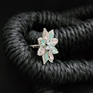 Priscila Pastel Pink and Mint Green Floral AD Adjustable Ring - ECLAT INDIAN JEWELSRingsSilver