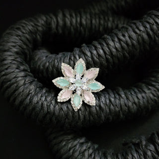 Priscila Pastel Pink and Mint Green Floral AD Adjustable Ring - ECLAT INDIAN JEWELSRingsSilver